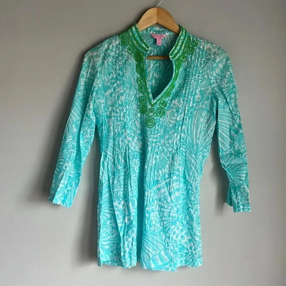 Lilly Pulitzer Sarasota Beaded Tunic Sea Cups Shorely Blue - Picture 2 of 10